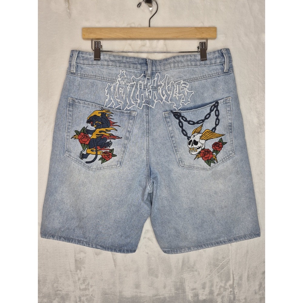 Ninth Hall Waylay Denim Shorts Mens 32 Light Wash Embroidered Skater Jorts 17x10